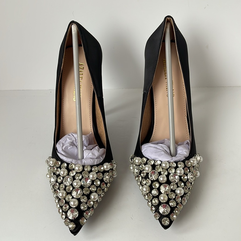 Azalea Wang Women’s Black Satin Embellished Stiletto Heels Pointed Toe Size 7.5 - Picture 5 of 10